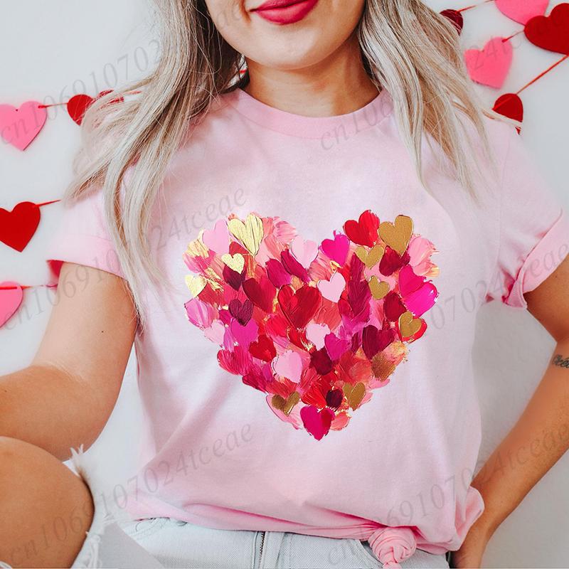 Women's T-Shirts Clothing Valentine Leopard Love Heart Print Tees Breathable Tshirt Loose T-Shirts Harajuku Casual Short Sleeve