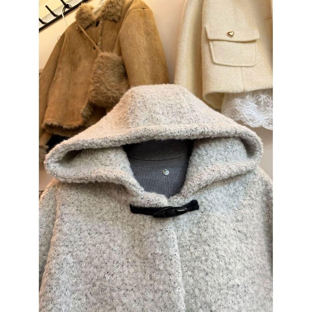 Korean Style Quilted Woolen Hooded Coat with Horn Buttons - Versatile Winter Wear