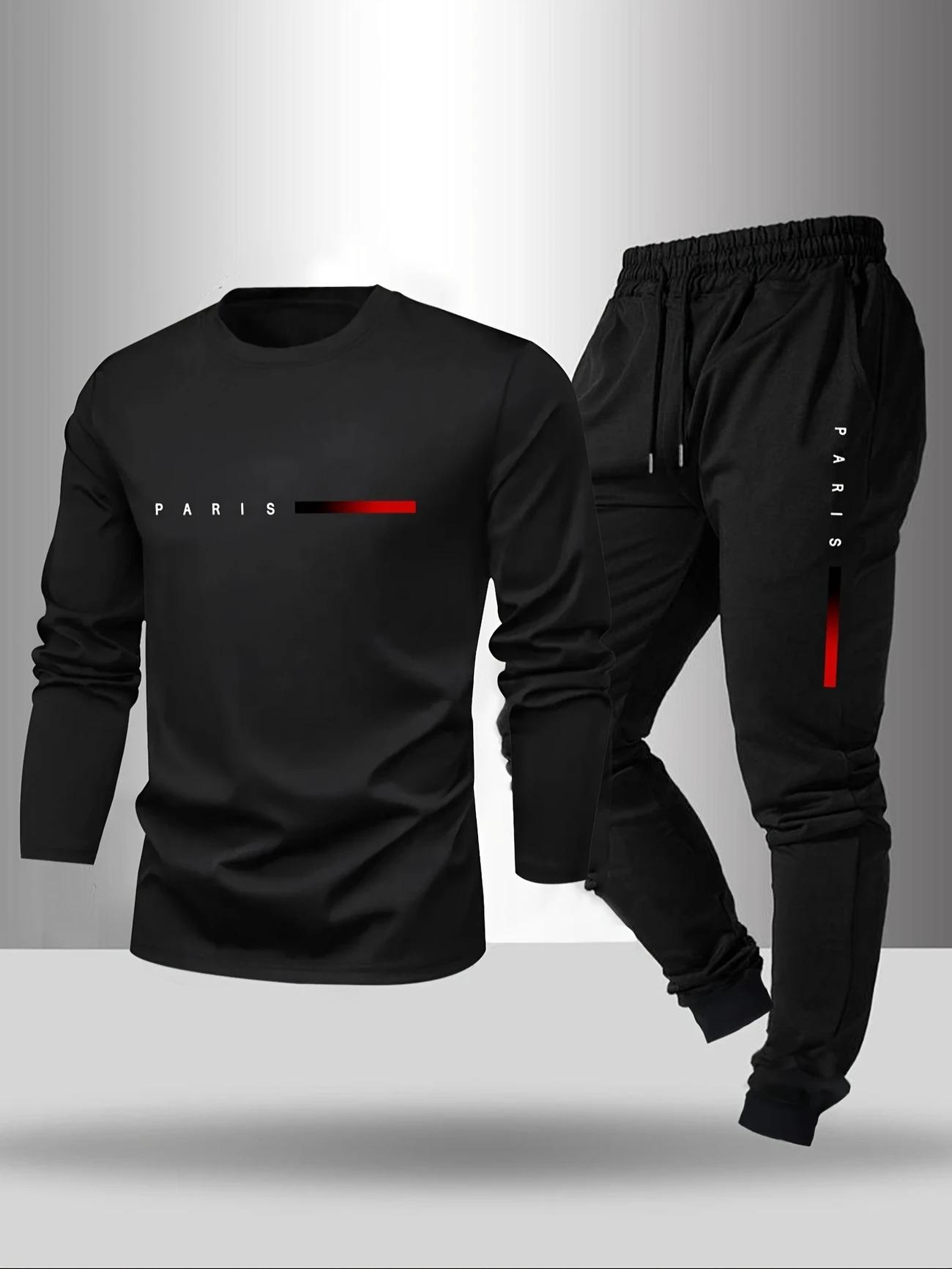 European size spring and autumn new fashion trend trend long-sleeved trousers T-shirt set European and American version print XS