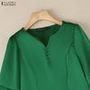 ZANZEA Women Casual V-Neck 3/4 Sleeve Loose Satin Blouse