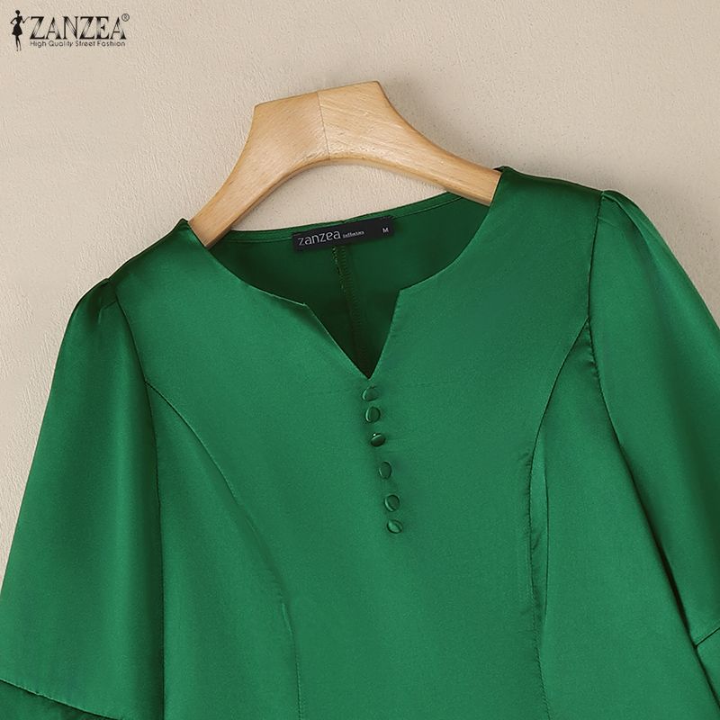ZANZEA Women Casual V-Neck 3/4 Sleeve Loose Satin Blouse