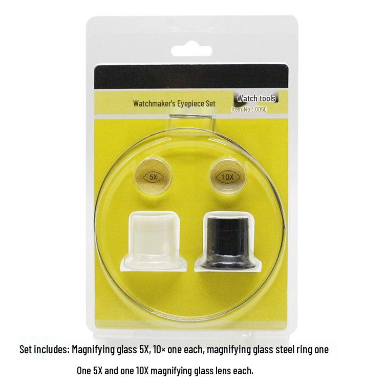 

Набор инструментов для ремонта часов с лупами 10x и 5x, наглазником-щитком и зажимом.