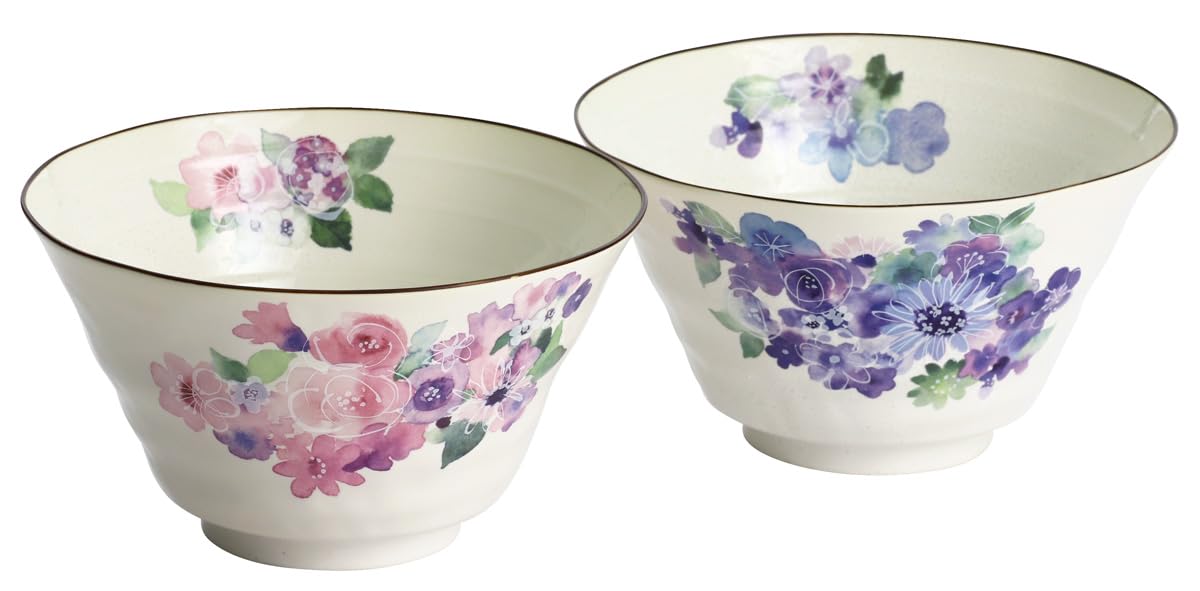Ceramic Aihana Kobo Pair of Noodle 01501 Bowls, Pink/Blue, Size Approx. 17 H9.5,