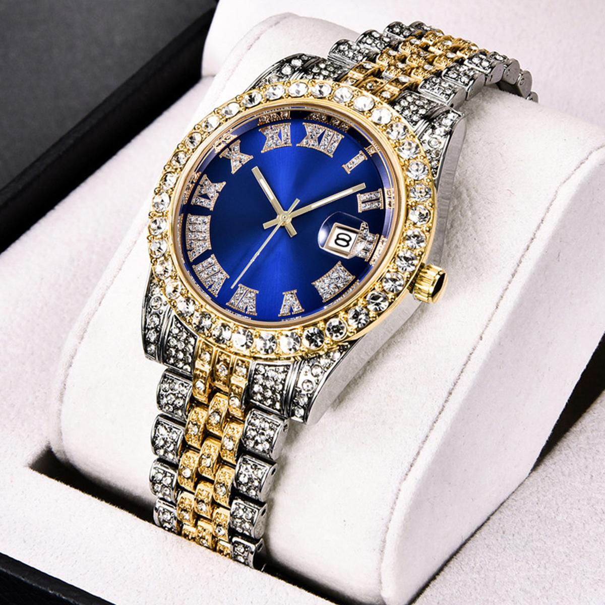 

New Fashionable Full Diamond Men s Watch for Foreign Trade, Starry Sky Calendar, Quartz Interroom Gold Men s Steel Belt Watch синий