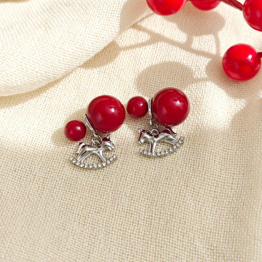 Year of the Horse 925 Sterling Silver Diamond Enamel Stud Earrings with Pearls - Retro High-End Design