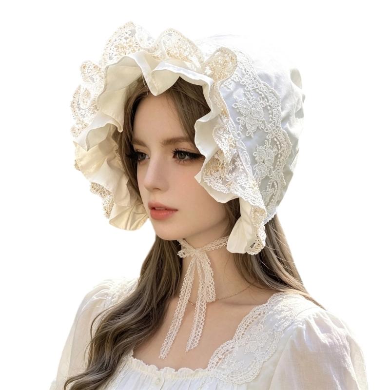 Ruffled Brim Bonnet Hat with Lace Edge and Chin Ties, 55-60 Cm Decorative Headwear for Gatherings and Portraits