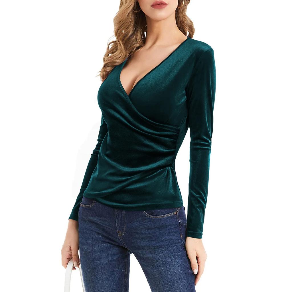 Fashion Sexy Solid Color Slim Pleated Top Women's V-Neck Long Sleeved Blouse Spring and Autumn Women's T-Shirt Clothes