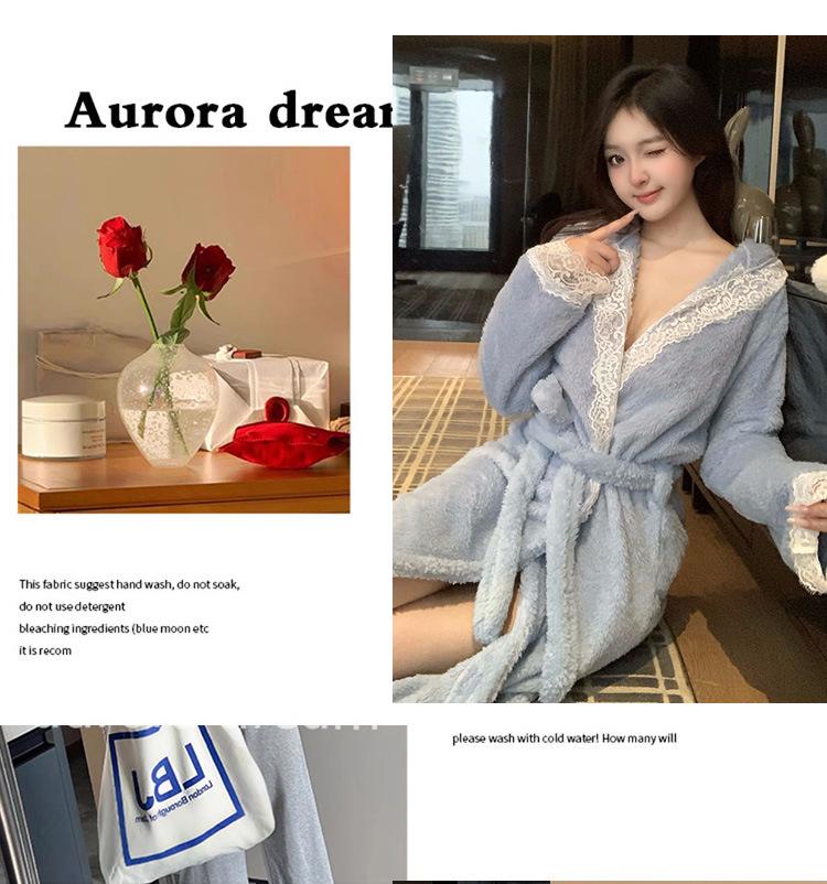 Women's Winter Fleece Long Bathrobe with Velvet - Sexy Bride Morning Robe Pajamas