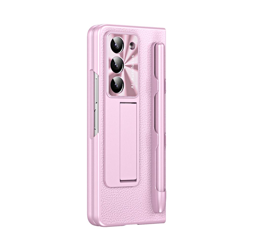 Plating Litchi PU Leather Glass Front Film with Pen Phone Case for Samsung Galaxy Z Fold 7 6 5 4 3 Hinge Protection Cover