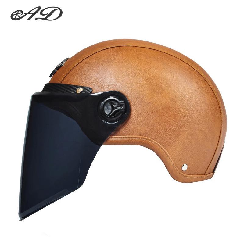 AD Retro Motorcycle Helmets with Harley Visor Leather Helmet for Man Electric Motorbike Vintage Protected Motor Safety Cap