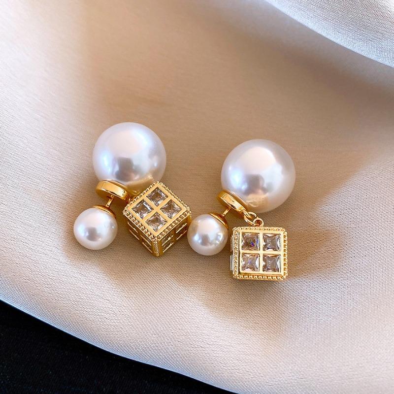 Silver Needle Multi-layer Letter Twill Zircon Pearl Earrings Medieval Vintage Light Luxury Stud Earrings Versatile Earrings