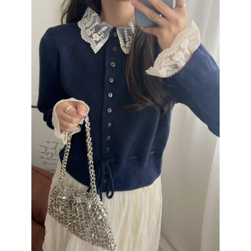

Кружевной свитер-жакет на шнуровке с лацканами женский весенне-осенний ленивый высококлассный вязаный кардиган с завязками, топ average size тёмно-синий