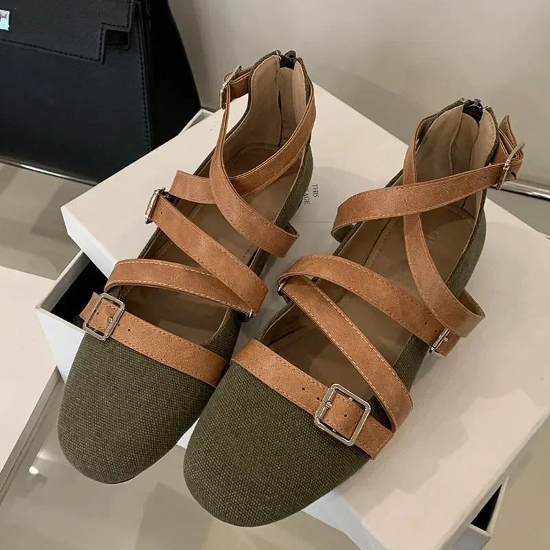 Fashion Belt Buckle Flat Mary Jane Shoes Women Fashion Design Footwear Female Cross-tied Soft Sole Comfort Ballet Shoes Zapatos De Mujer