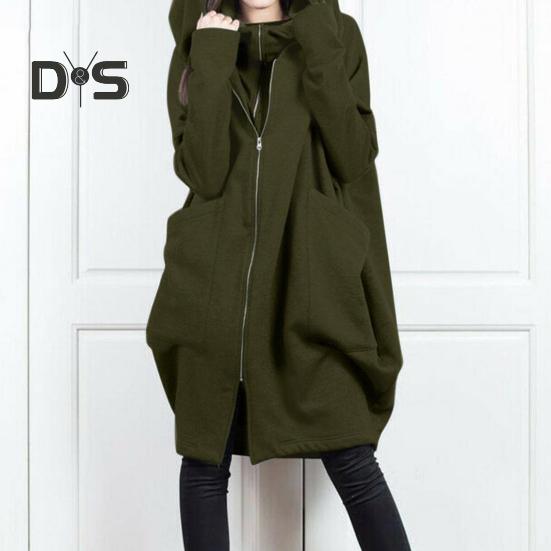 Sweat-shirt à capuche à manches longues pour femme, manteau à fermeture éclair, grandes poches, faux deux pièces, couleur unie, veste à capuche mi-longue
