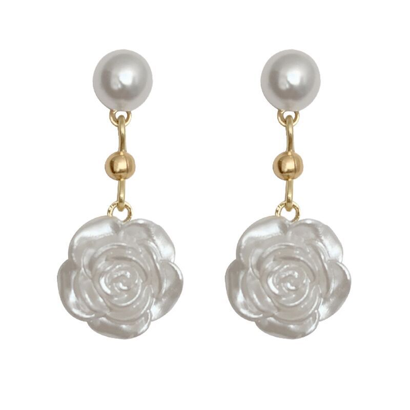 Small camellia stud earrings~ pearlescent white rose pearl earrings femininity early spring new ear clips trendy sweet cool