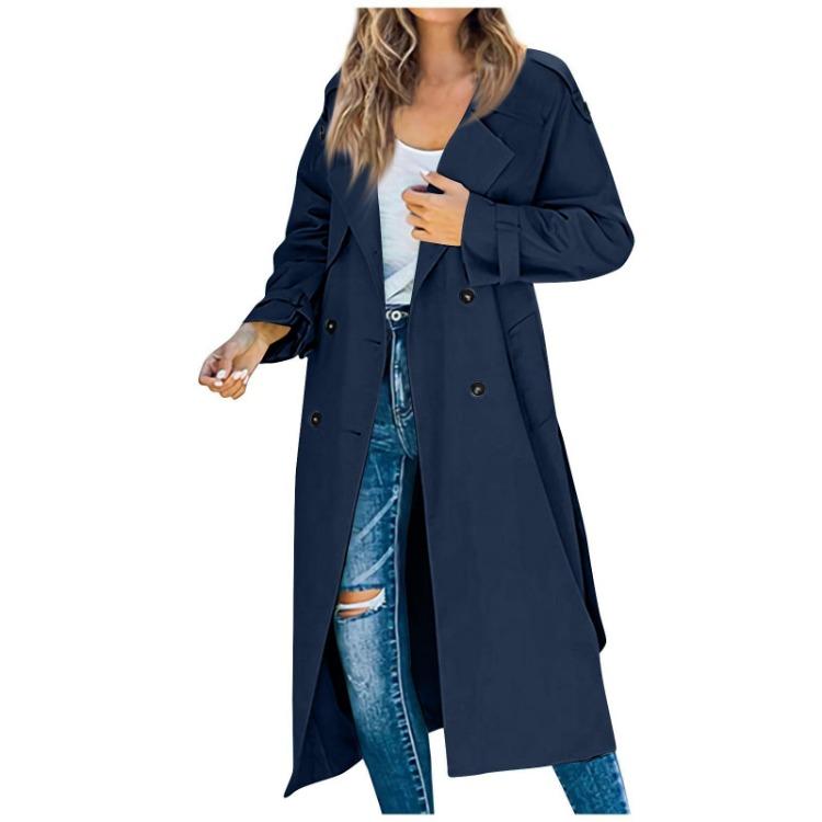 Elegant Women Solid Color Long Trench Coat Casual Winter Autumn Jacket Temperament Style