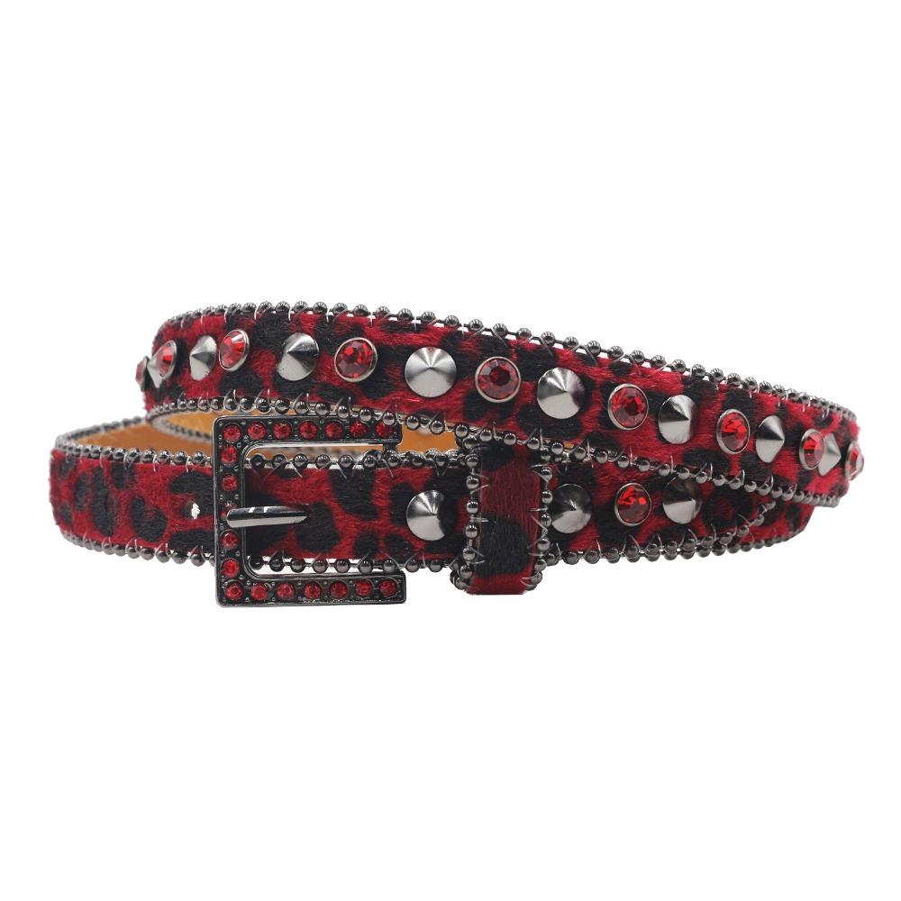 Leopard Gothic Waist Belts With Shine Rhinestone Punk Waistband Leather Belt  for Women Girls