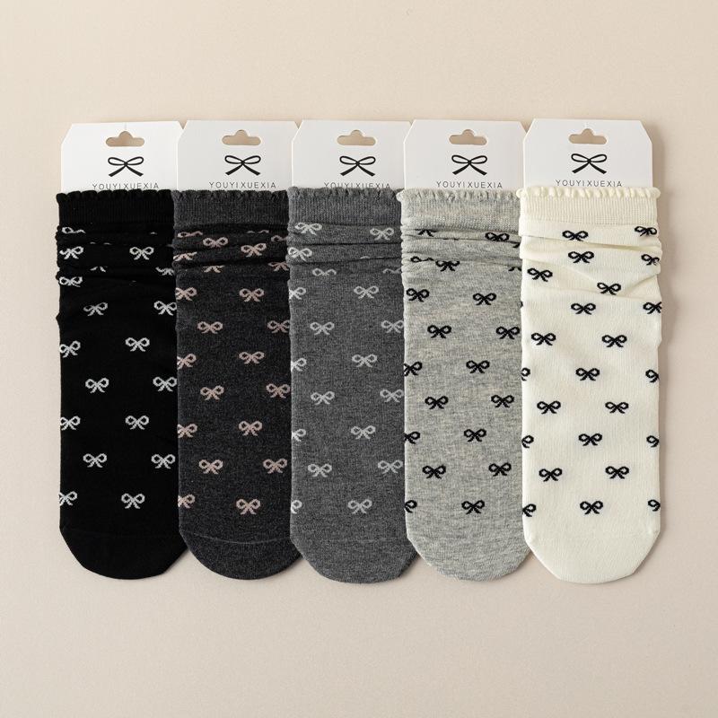 5/10 Pairs Casual Spring Autumn Bone Free Socks for Women with Lace and Bow Mid Calf Socks JK Lolita Sweet and Versatile Cotton Pile Socks