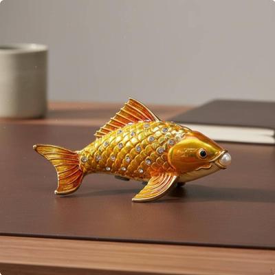 Alloy Golden Carp Figurine Fishing Ornament Rhinestone Accents Koi Trinket Box for Office