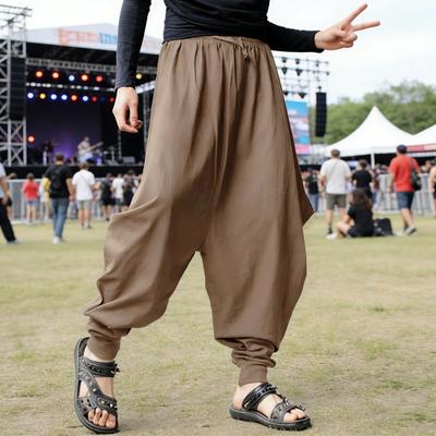 Erkek Harem Pantolon Günlük Büzgülü Bel Geniş Kesim Pamuklu Bol Kesim Düşük Ağ Pantolon Hippiler Sokak Giyimi Plaj İçin