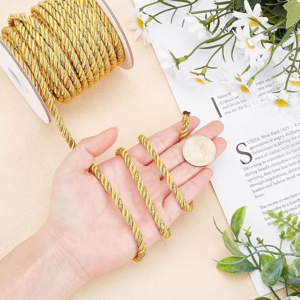 PH PandaHall 5mm Gold Cord Rope 15 Yards Metallic Twine Cord 3-Ply Polyester Shiny Cord Thread Decorative Rope for Home Décor Upholstery Curtain