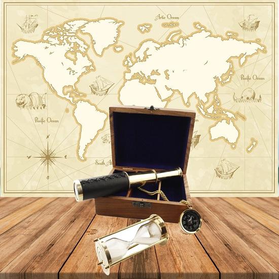 Nautical Gift Set Compass Sand Timer Hourglass With Wooden Box Marine Set