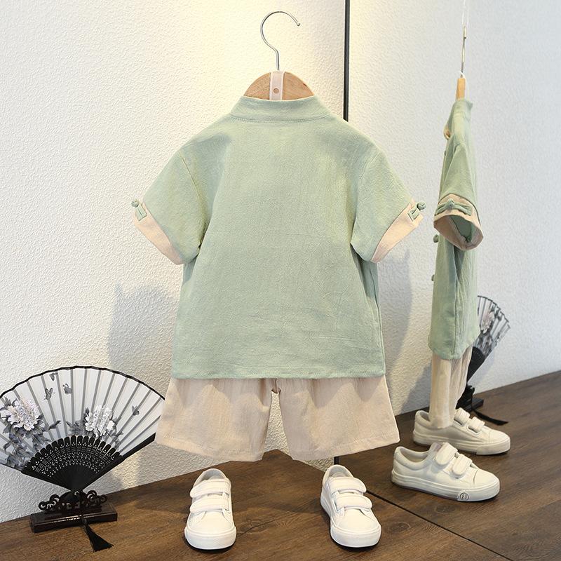 Jungen Sommer Kurzarm Anzug Jahr Chinesischer Stil Kinder Hanbok Hübscher Tang Anzug Baumwolle Leinen Dünner Abschnitt Antike Kleidung
