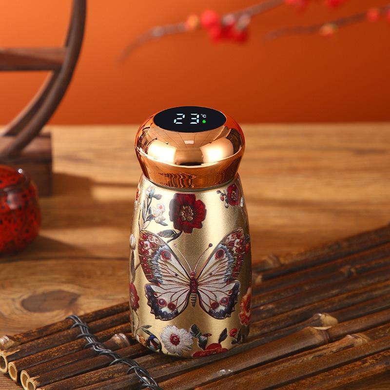 Påfågelmönster Vakuummugg Rostfritt Stål Vintage Blomma Termisk Vattenflaska 300ml Dubbellagers Isolering Glas Tekanna med Läcksäkert Lock