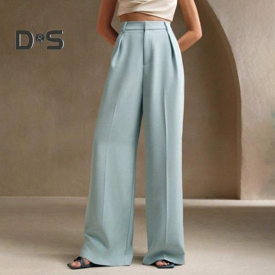 Women Pants High Waist Button Zipper Closure Straight Wide Leg Long Trousers with Pockets Solid Color Commuting Style Pants