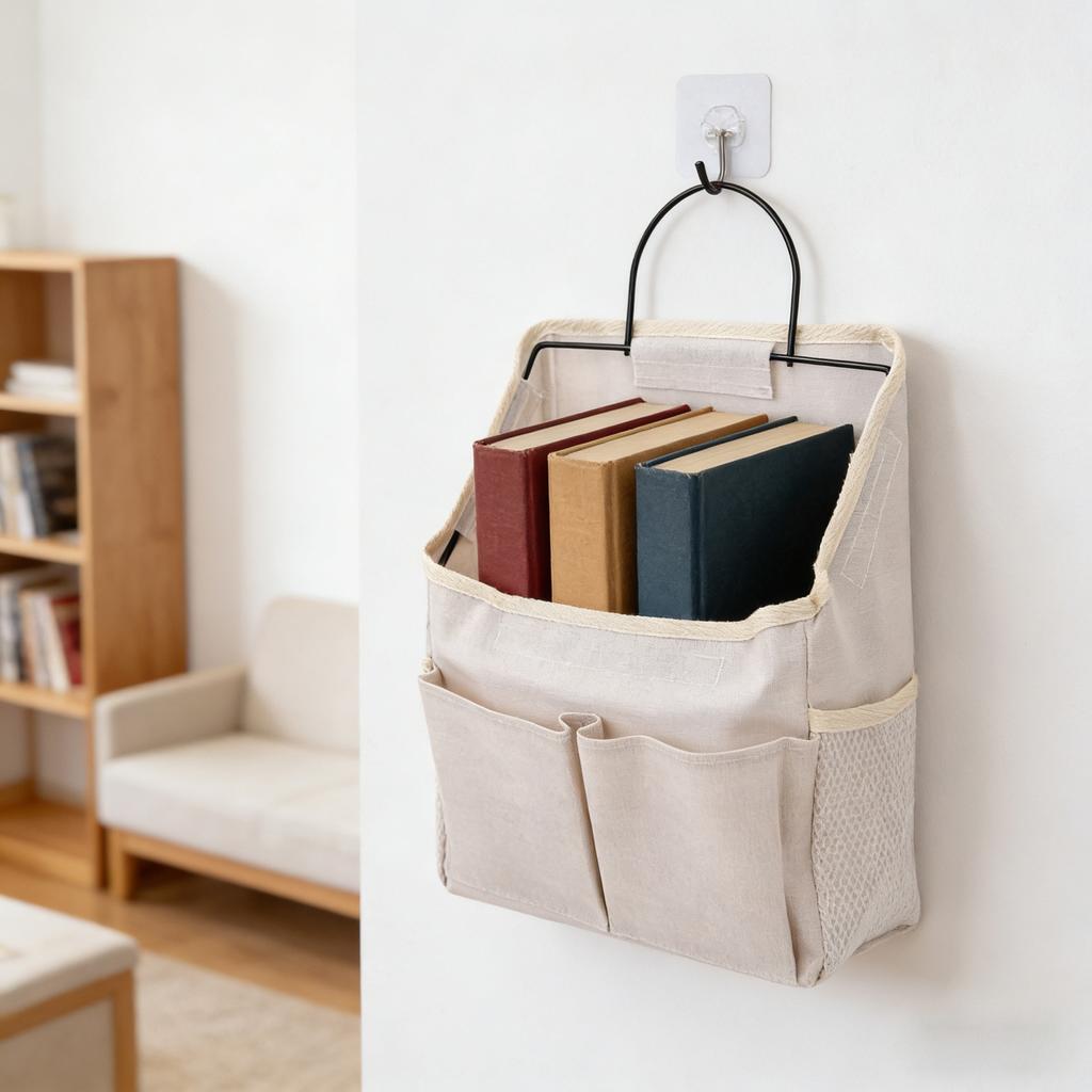 2pcs Wall Hanging Storage Bag Water Proof Closet Linen Fabric Pockets Organizer with Hooks for Living Room Bedroom Bathroom Kitchen Beige