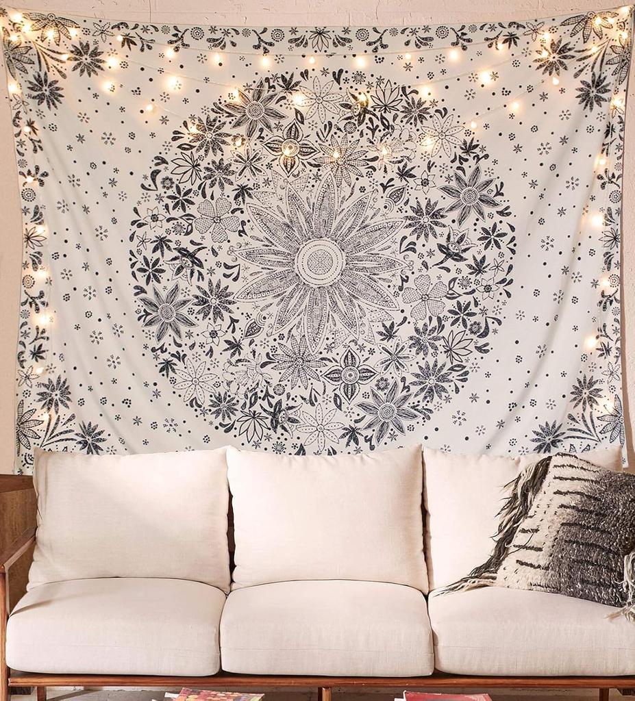 Bohemian Tapestry Wall Hanging Black and White Floral Tapestry with Dotted Daisy Medallion Print Bedroom Boho Hippie Home Decor