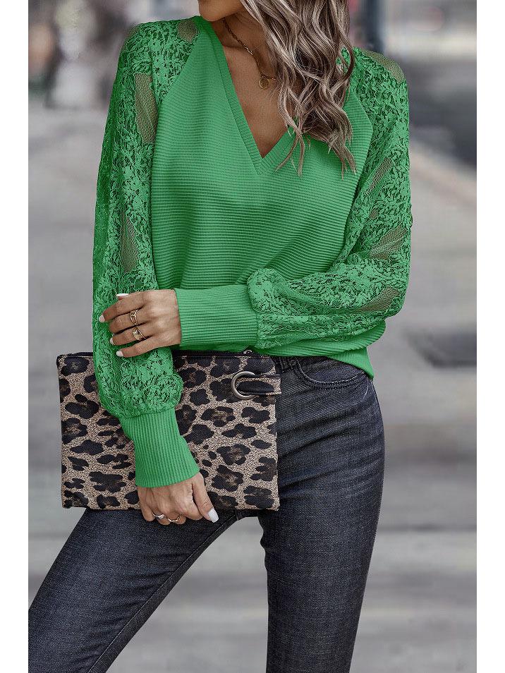 European & American Women's V-neck Lace Knitted Sweater - Loose Casual 2024 Spring/Summer Fashion Top