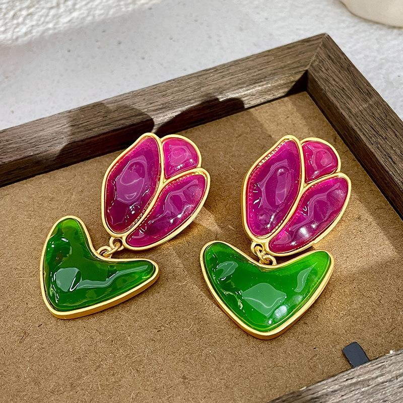 Classic Middle Women Girls Enamel Flower Earrings Ear Clip Vintage Elegant Lady High-end Party Banquet Accessories Jewelry