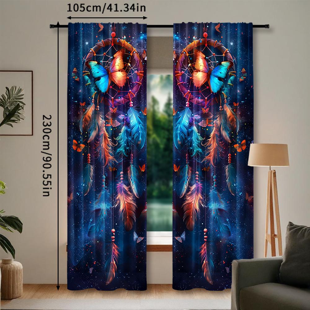 2pcs Boho Dreamcatcher Curtains - Colorful Butterfly & Cosmic Design   Rod Pocket Window Treatment for Bedroom   Living Room   Kitc