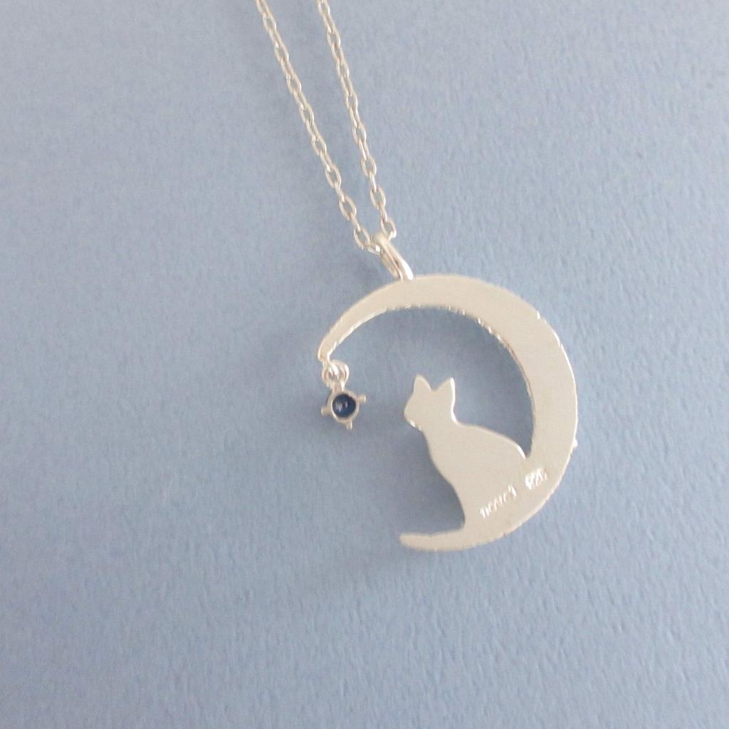 Novel Moon Cat September Sapphire Cat Pendant Necklace, Birthstone, Necklace,