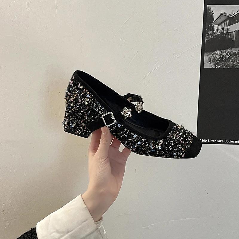 

Дизайнерские винтажные женские туфли Мэри Джейн с пайетками на каблуке, модные туфли с квадратным носком, весна-осень, элегантные туфли-лодочки для свадебной вечеринки 35 синий