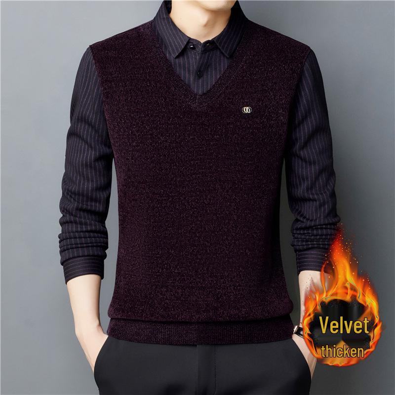 

Men s 2023 Winter Fake Two-Piece Sweater with Velvet, Business Shirt Collar, Warm Base Layer for Dad. XL