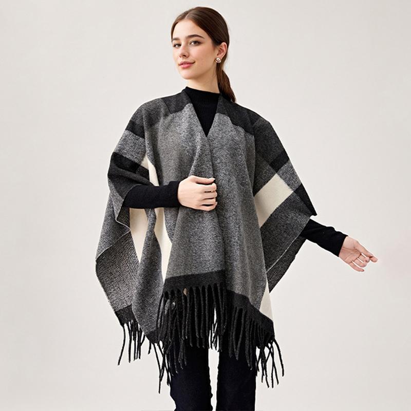 Women'S Travel Shawl Imitation Cashmere Tassel Slit Shawl Women'S Color Blocked Plaid Scarf Air-Conditioned Room Warm Cloak