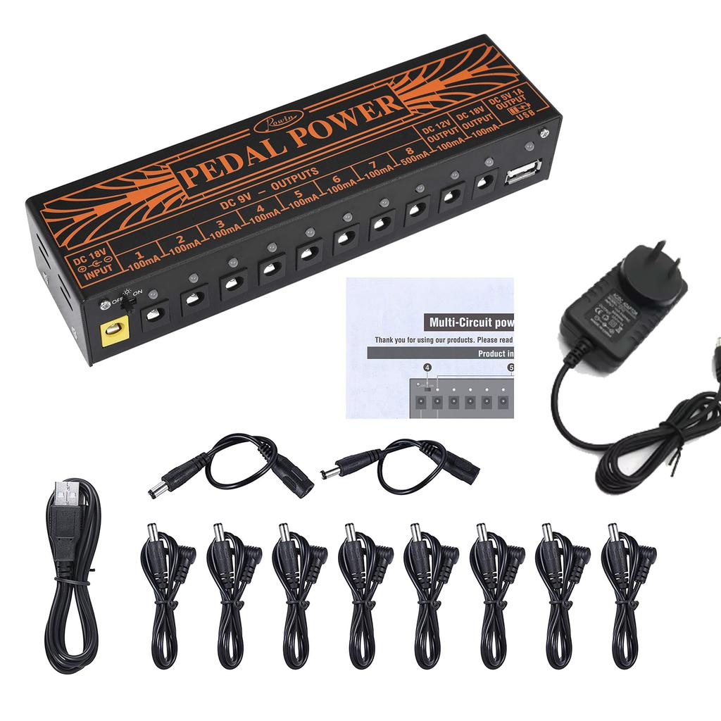 Rowin PW-01 Guitar Pedal Power Supply 10 Isolated DC Output for 9V/12V/18V Guitar Bass Effect Pedals with USB Charging-