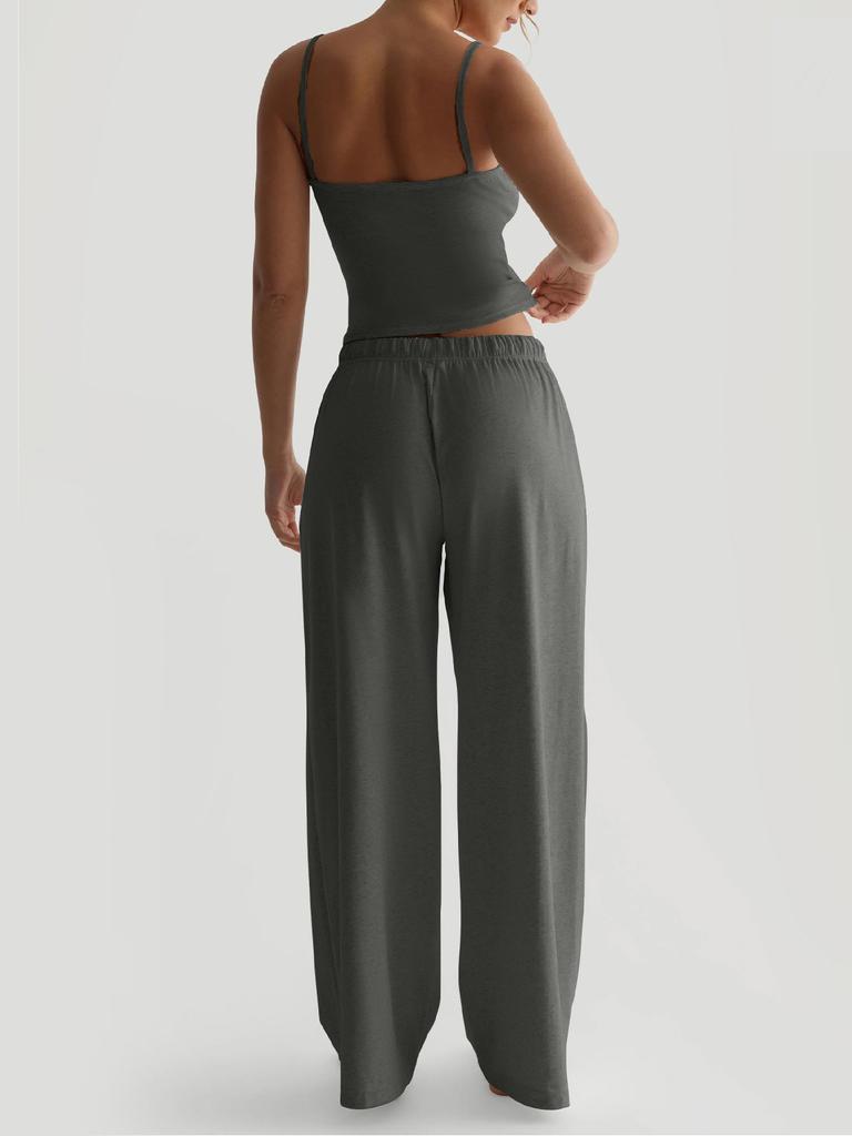 Summer Camisole Crop Top Long Pants Casual Wide Leg Pants Lazy Style Set For Women