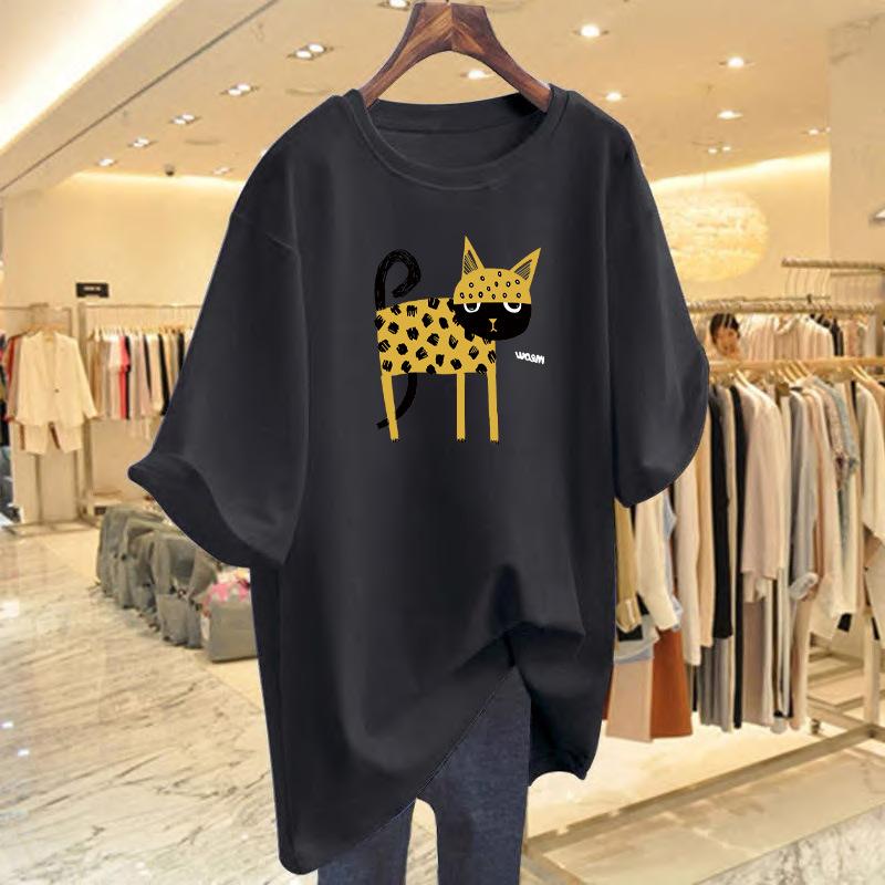 2025 Animal Series Leopard Printed Cotton Crew Neck Loose Women's T-Shirt Short Sleeve Top Bottom Shirt
