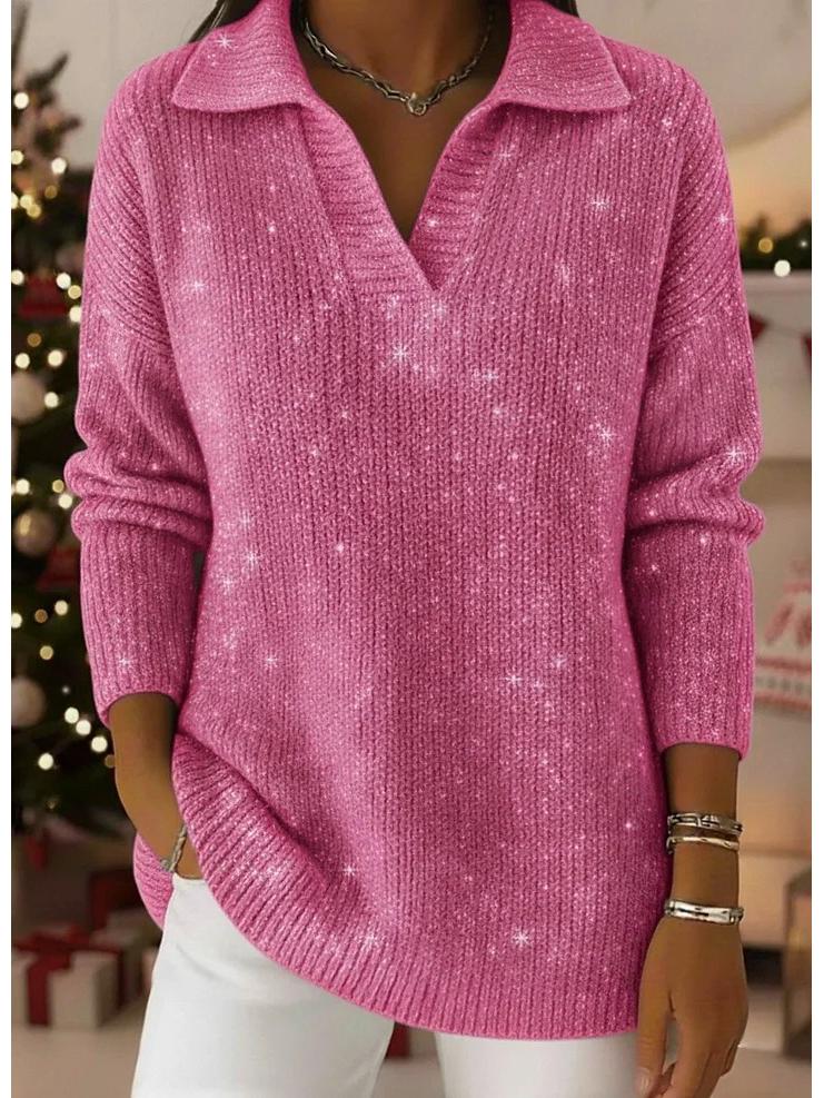 2025 Autumn/Winter Solid Color Lapel Pullover with Silver Thread and Crystal Accents