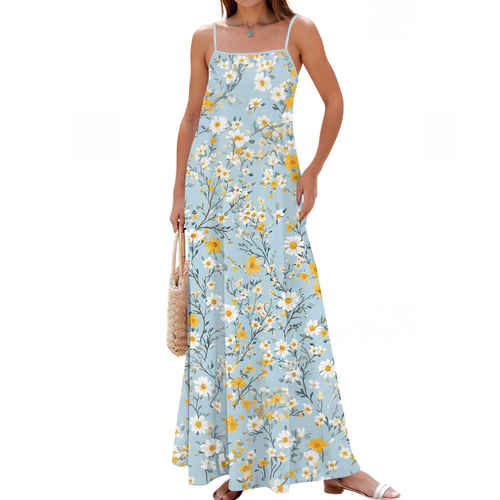 Women's Spring And Summer Casual Fashion Adjustable Suspenders Printed Long Dress