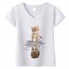 Fashion Spring  Kitten Print Blouses Short Sleeved V-Neck T Shirts Casual