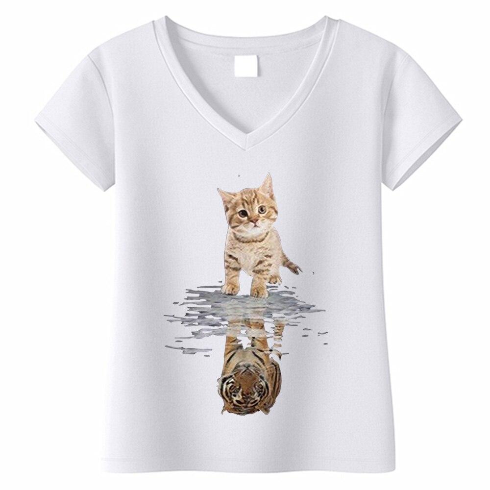 Fashion Spring  Kitten Print Blouses Short Sleeved V-Neck T Shirts Casual