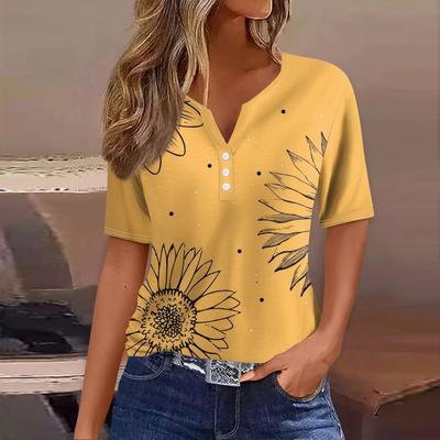 Fashion Women's Summer T-Shirts Sunflower Printed Loose Casual Short Sleeve TShirts Button V-Neck Basic Tops Ropa Para Mujer