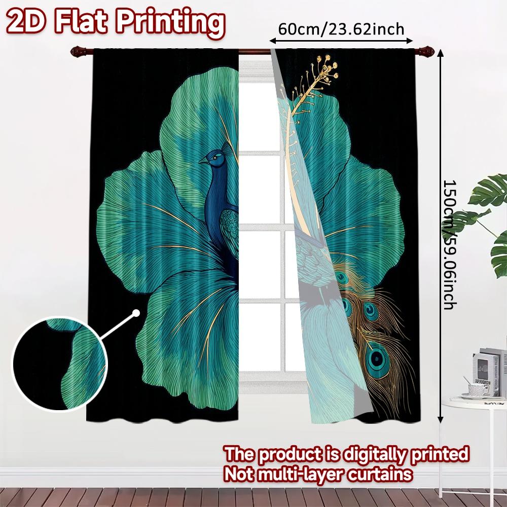 Set Of 2 Flat Printing Curtains Without Rod Floral Peacock Design Holiday Ramadan Printed Durable Polyester Curtain Made