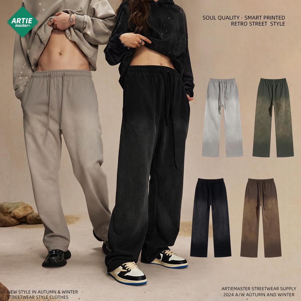 2024 Autumn Retro American Distressed Men's Drawstring Sweatpants - 450g Casual Loose Fit