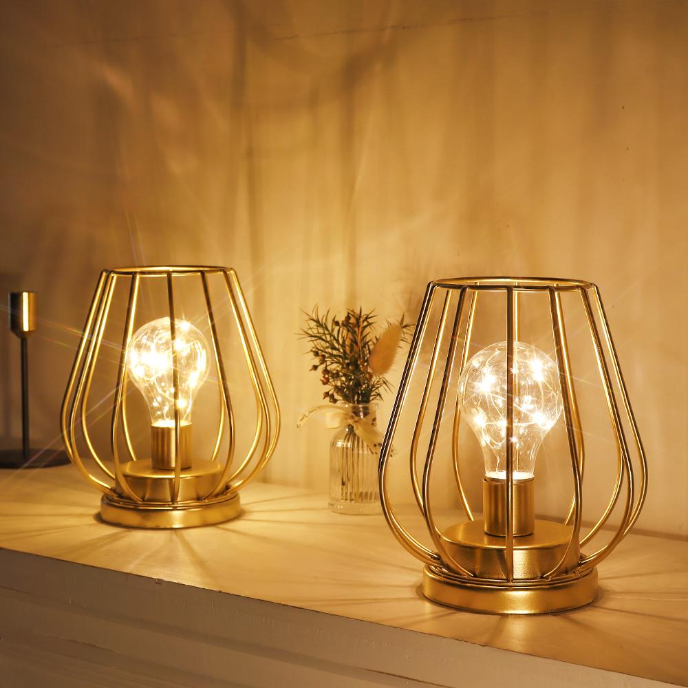 Set of Two Gold Metal Cage Lamp Round Table Lamp for Holiday Decor (2pcs)