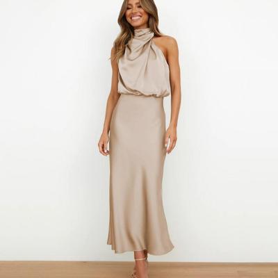 Sommer Elegante Damen Ärmellos Neckholder Abendkleid Lang A-Linie Hohe Taille Einfarbig Kleider